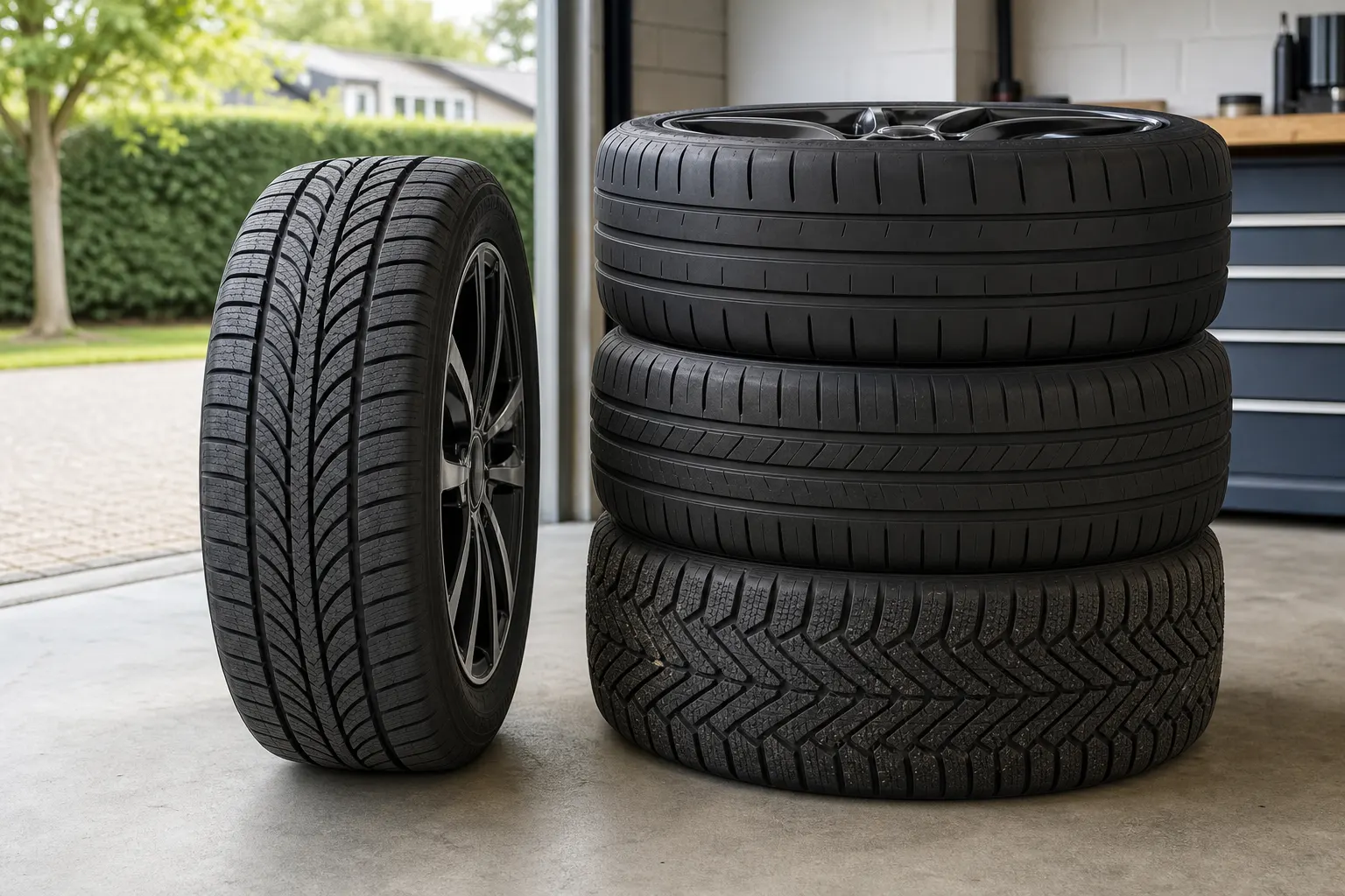 Allseasonband naast een gescheiden set zomer- en winterwielen in een garage